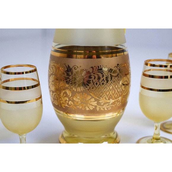 Bohemian Glass Czechoslovakia Gold Boho MCM Decanter/Pitcher + Glasses w/Labels - Picture 4 of 12